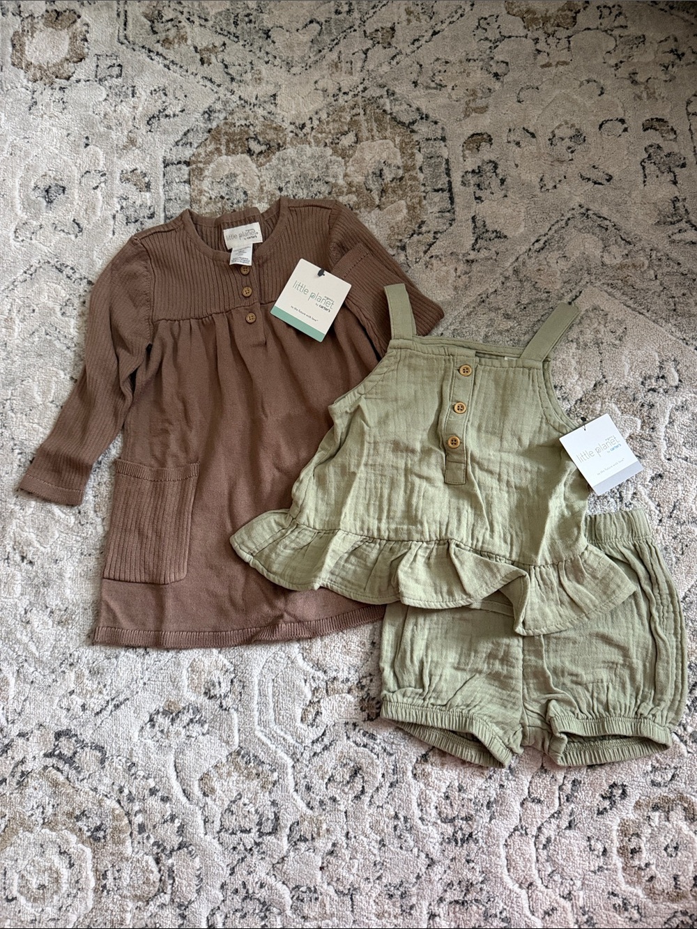 NWT Little Planet - Brown Dress & Sage Green Ruffle 2-piece Set